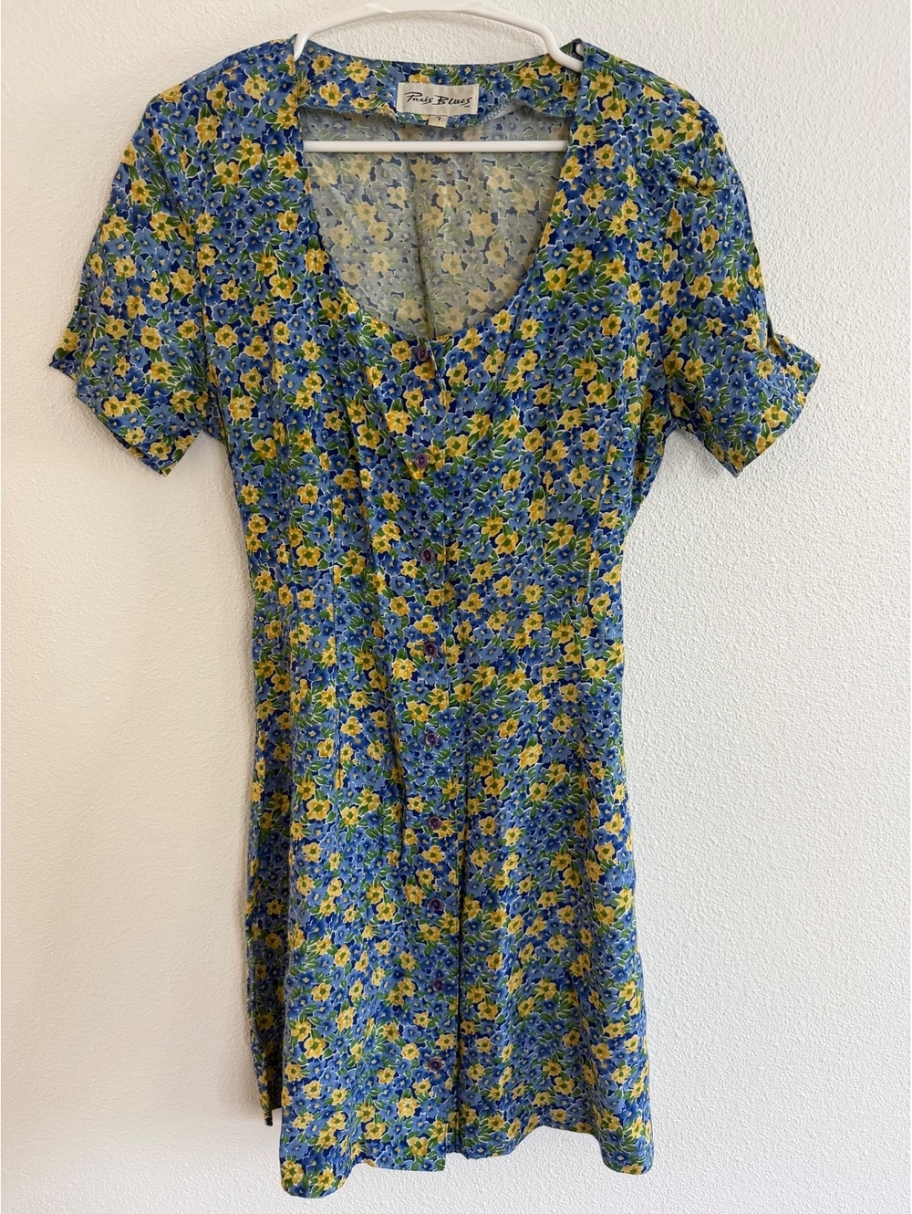 Vintage 90's Y2K Paris Blues Blue Ditsy Floral Button Front Mini Dress Sz 7